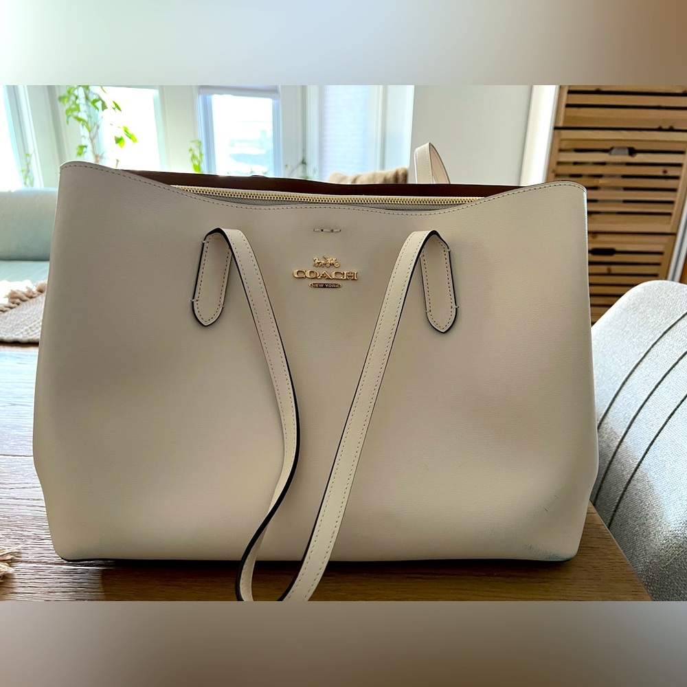 Large white coach tote bag with pockets